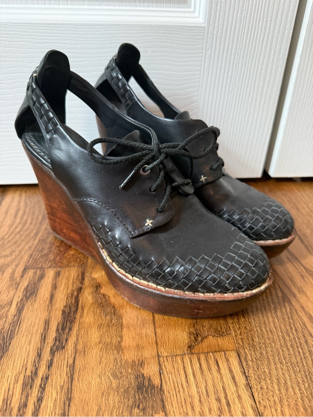 Rag & Bone Black Woven Leather Wedge Heels - Women's Lace-Up Slingback